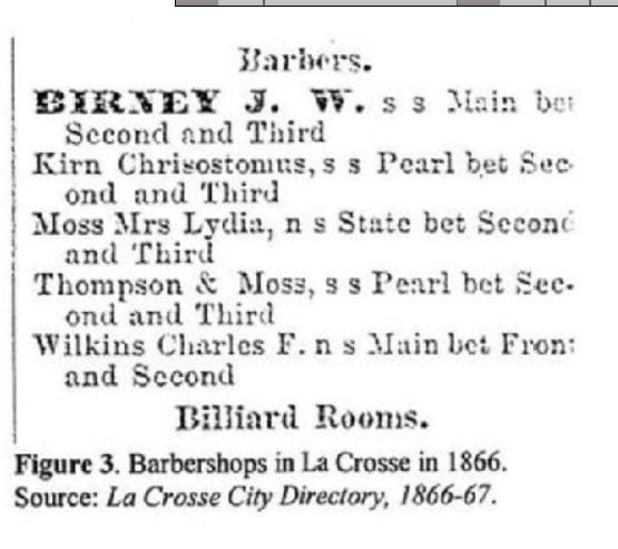 La Crosse Directory clipping of Lydia Moss' barber shop